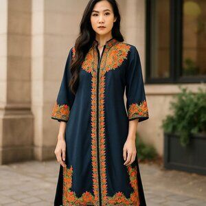 Women's Black 3pc Multicolor Embroidered Indian Kurta, Pant & Dupatta Set